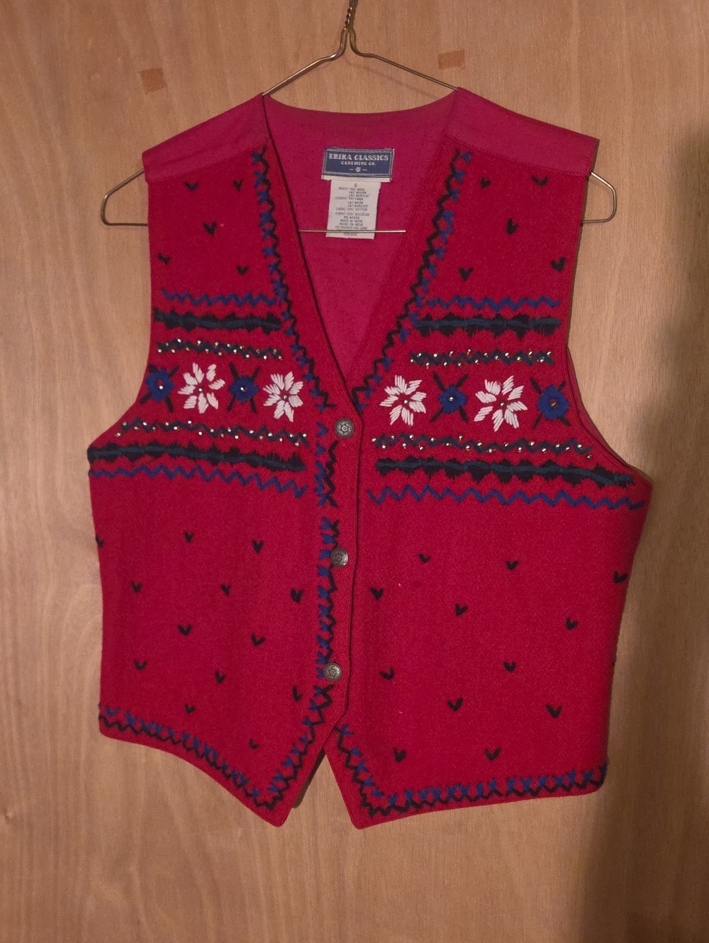 Red Embroidered Wool Blend Vest